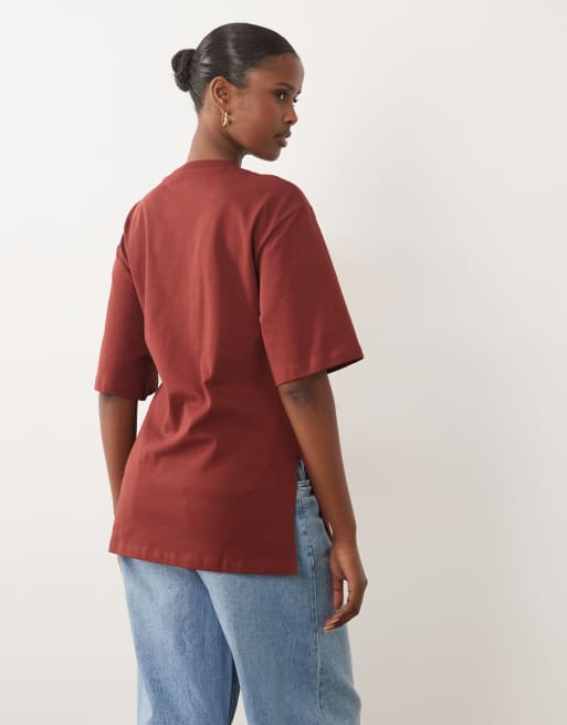 Gina Tricot short sleeve ruched top in dark red, 2 of 4
