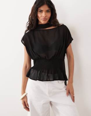 Gina Tricot Short Sleeve Scarf Blouse In Black
