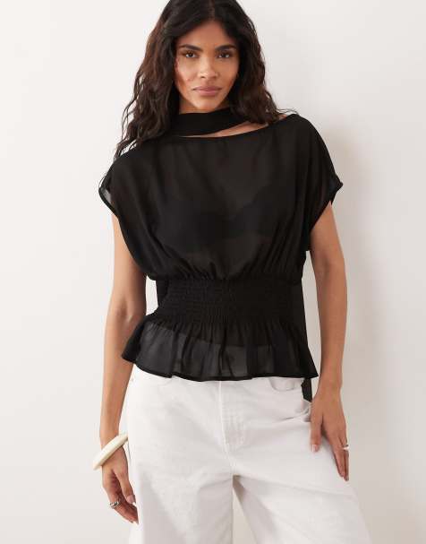 Gina Tricot short sleeve scarf blouse in black - view 1