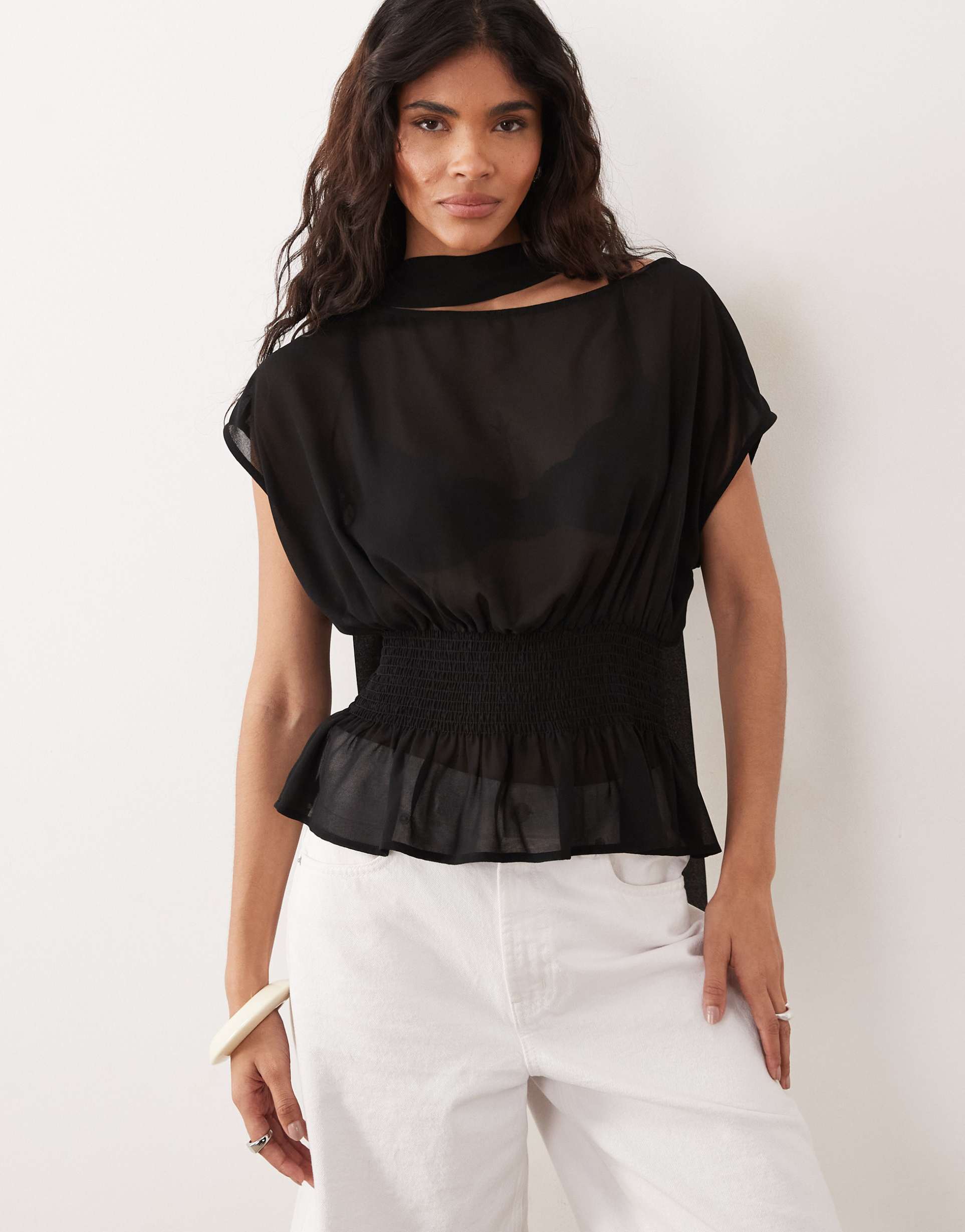 gina tricot short sleeve scarf blouse in black