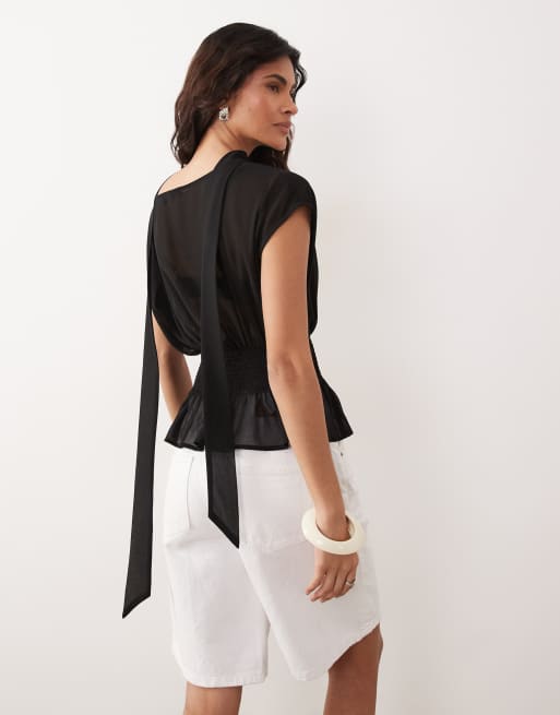 Gina Tricot short sleeve scarf blouse in black, 2 of 4