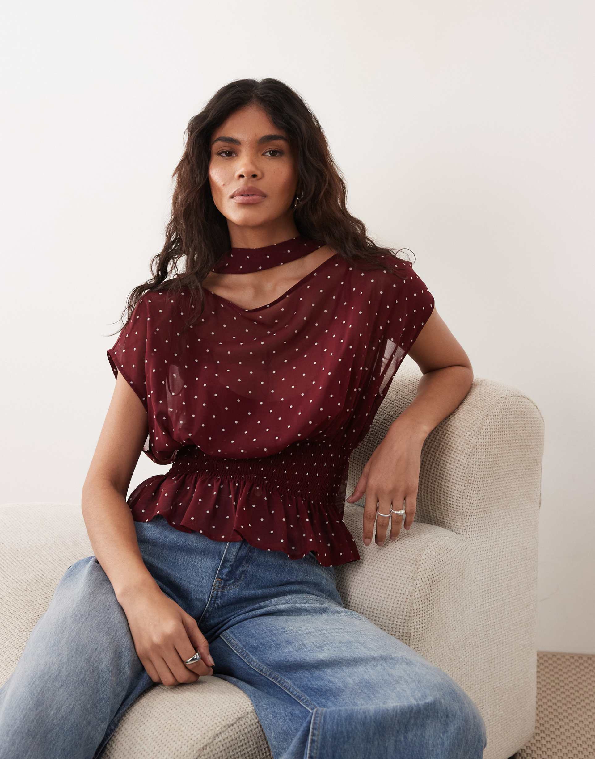 gina tricot short sleeve scarf blouse in burgundy polka dot print