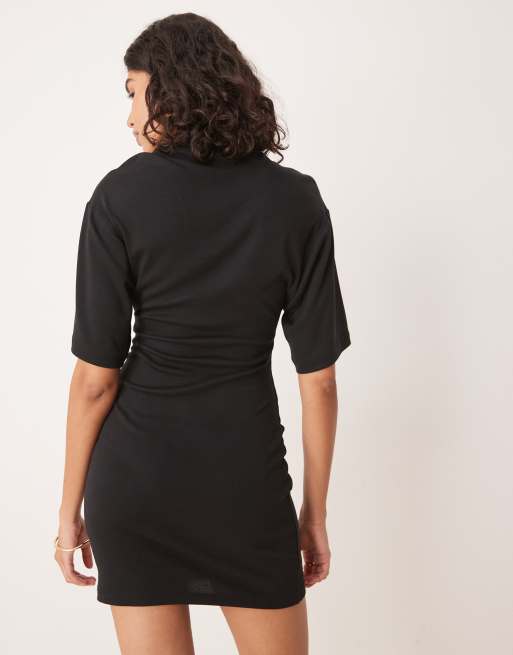 Gina Tricot short sleeve sculpt jersey mini dress in Black