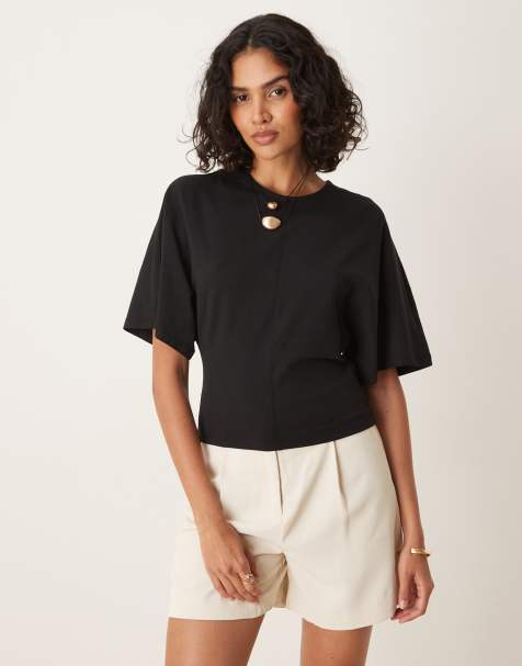Gina Tricot short sleeve sculptural seam detailing top in black - view 1
