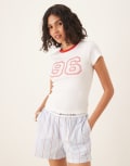 [GINA TRICOT] Gina Tricot short sleeve slim fit number 96 print tee with red trims in white XS White