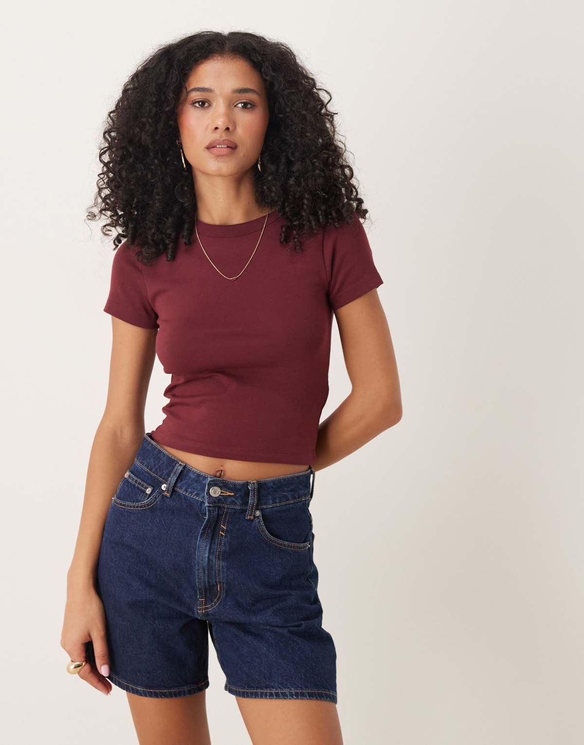 Gina Tricot short sleeve slim fit top in burgundy