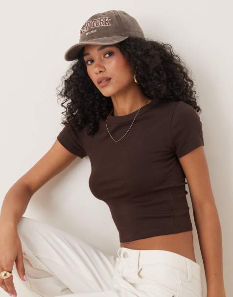 Gina Tricot short sleeve slim fit top in dark brown mole - view 1