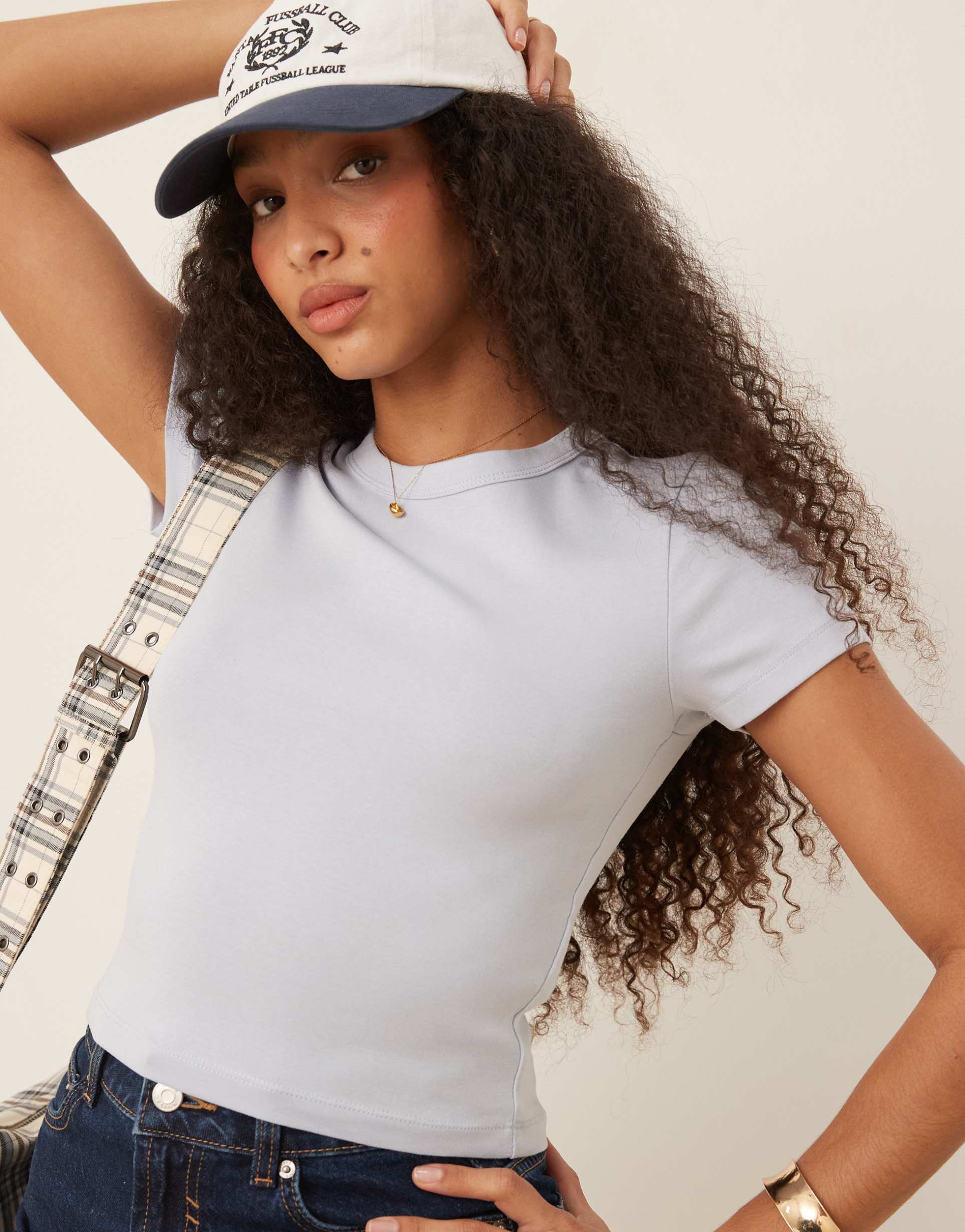 gina tricot short sleeve slim fit top in light blue