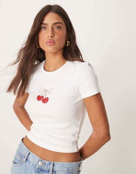 Gina Tricot short sleeve slim fit top with cherry graphic in white - view 1