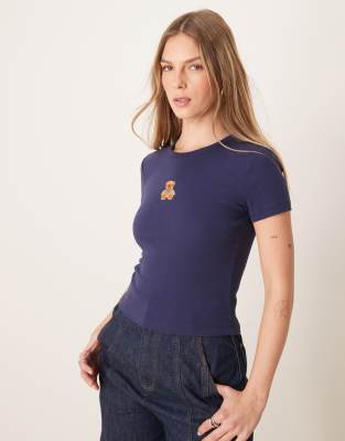 short sleeve slim fit top with teddy bear graphic in navy blue