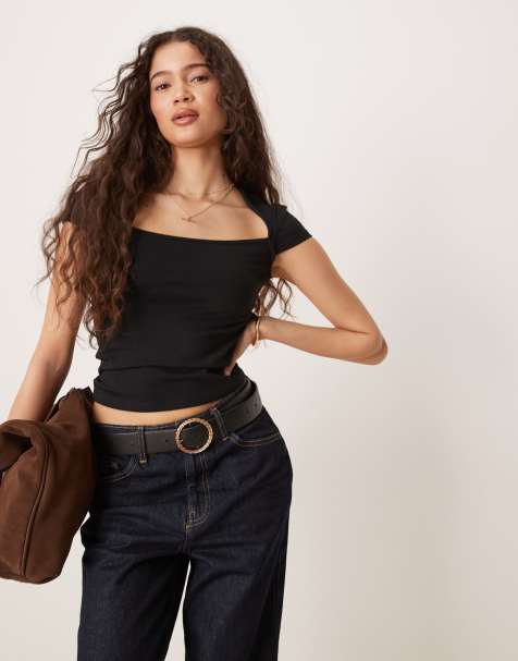 Gina Tricot short sleeve square neck top in black - view 1