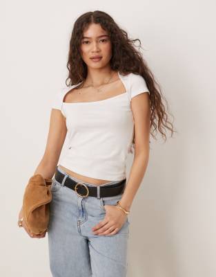 Gina Tricot Short Sleeve Square Neck Top In White