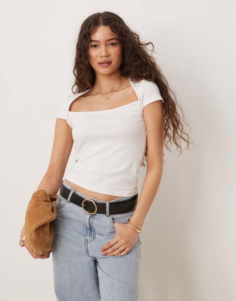 Gina Tricot short sleeve square neck top in white - view 1