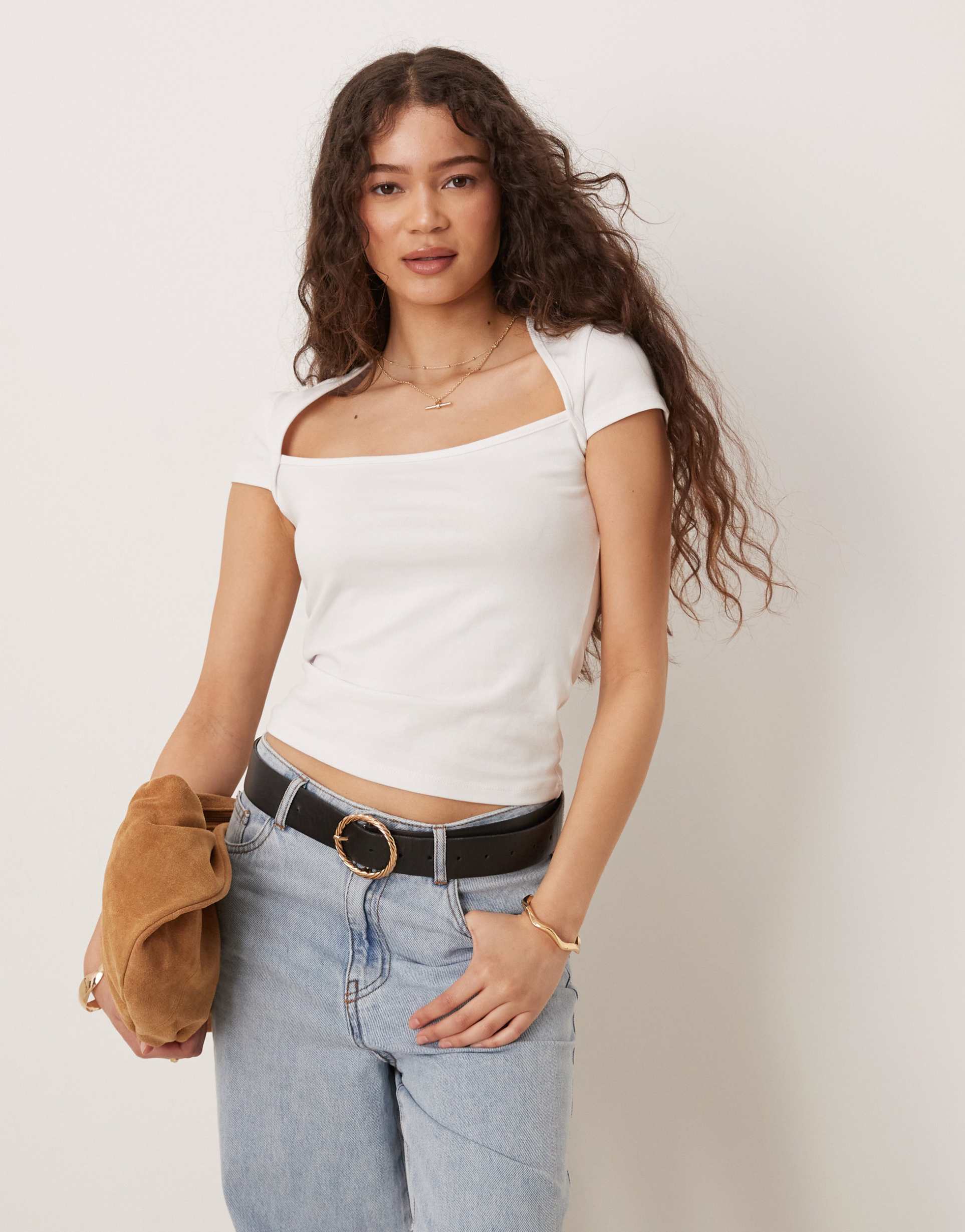 gina tricot short sleeve square neck top in white