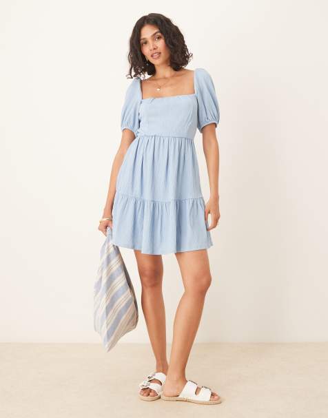 Gina Tricot short sleeve tie back mini summer dress in blue - view 1
