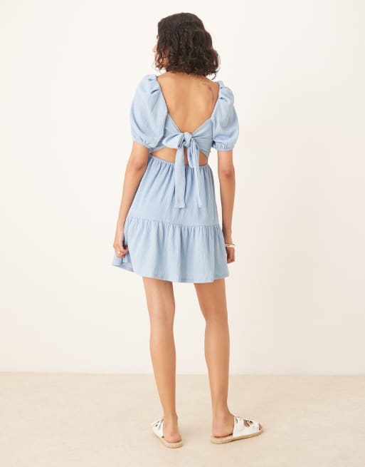 blue dress for baby girl SWEET SUMMER DAY PUFF SLEEVE OPEN WAIST MINI DRESS main image 1