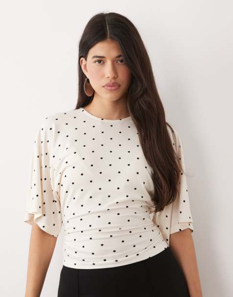 Gina Tricot short sleeve tie back top in white polka dot