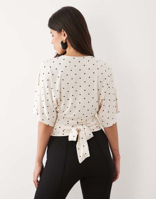Gina Tricot short sleeve tie back top in white polka dot, 4 of 4