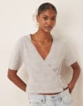 [GINA TRICOT] Gina Tricot short sleeve v neck knitted wool alpaca wrap tie front top in light grey melange XL Light grey melange