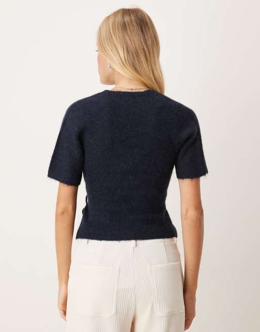 Gina Tricot short sleeve v neck knitted wool alpaca wrap tie front top in navy blue, 4 of 4