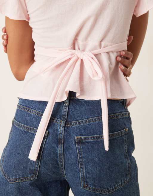 Gina Tricot short sleeve V-neck top with back bow tie in light pink, 2 of 4
