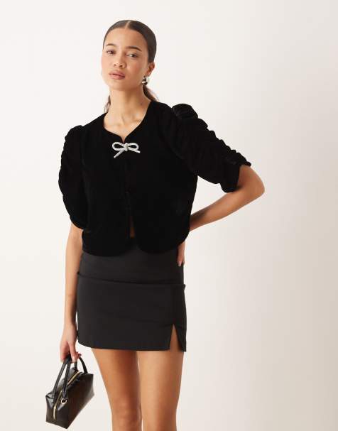 Gina Tricot short sleeve velvet velour blouse with silver-tone rhinestone bow in black - view 1