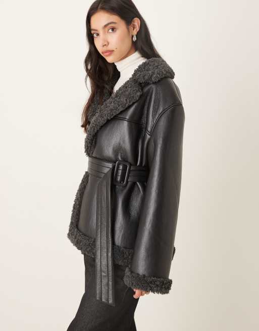 Gina Tricot short teddy PU belted jacket in black with dark grey collar trims, 3 of 4