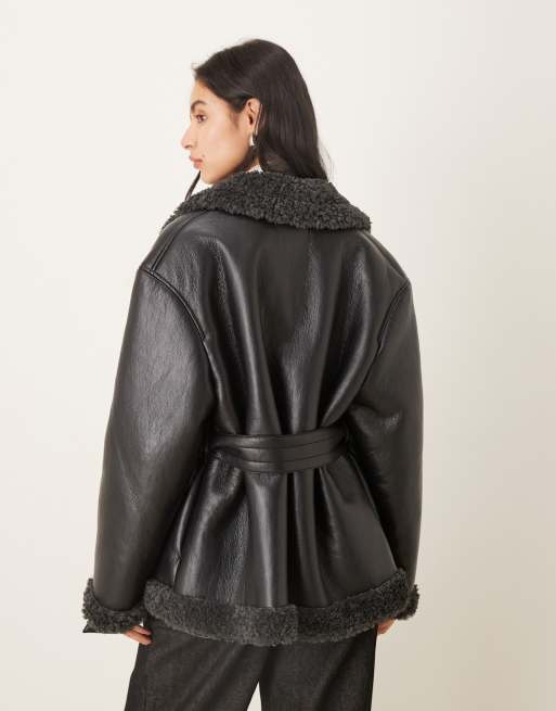 Gina Tricot short teddy PU belted jacket in black with dark grey collar trims, 4 of 4