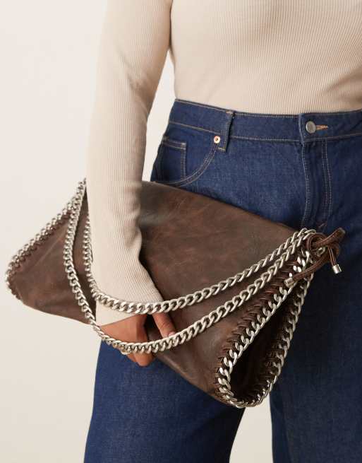 Gina Tricot silver tone chain shoulder bag in brown