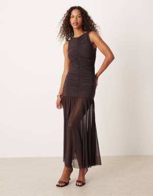 Gina Tricot Sleeveless Dropped Waist Midi Dress In Brown