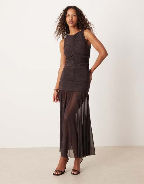 Gina Tricot sleeveless dropped waist midi dress in dark brown - view 1
