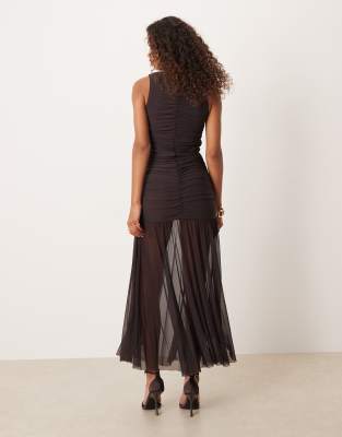 Gina Tricot Sleeveless Dropped Waist Midi Dress In Brown