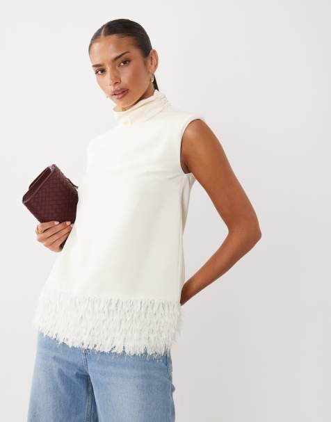 Gina Tricot sleeveless funnel neck faux feather trim top in off white - view 1