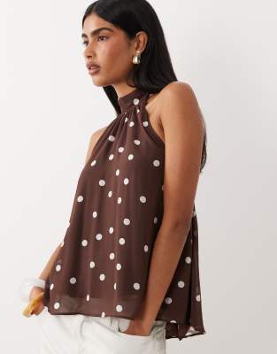Gina Tricot sleeveless halterneck top in brown polka dot