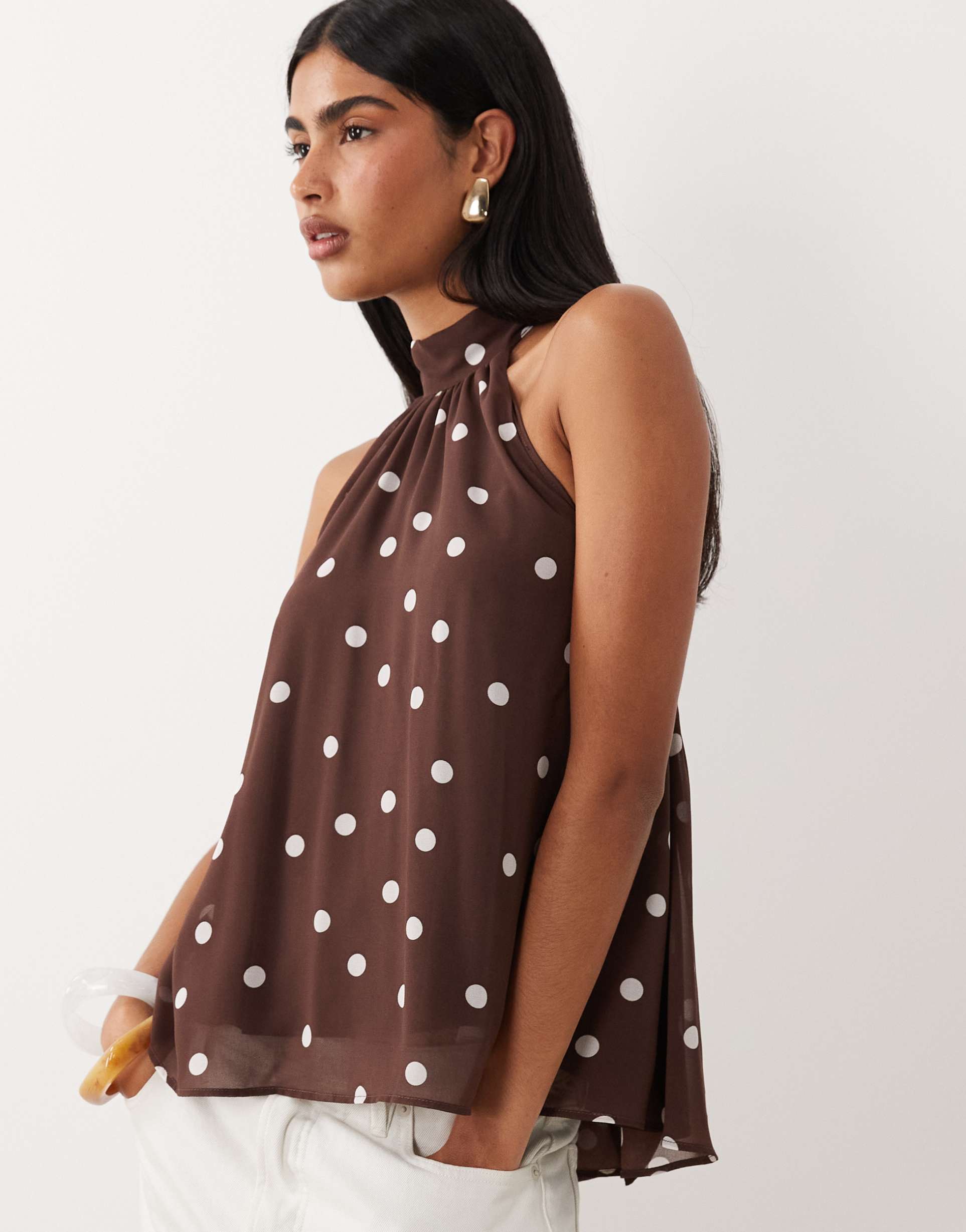 gina tricot sleeveless halterneck top in brown polka dot