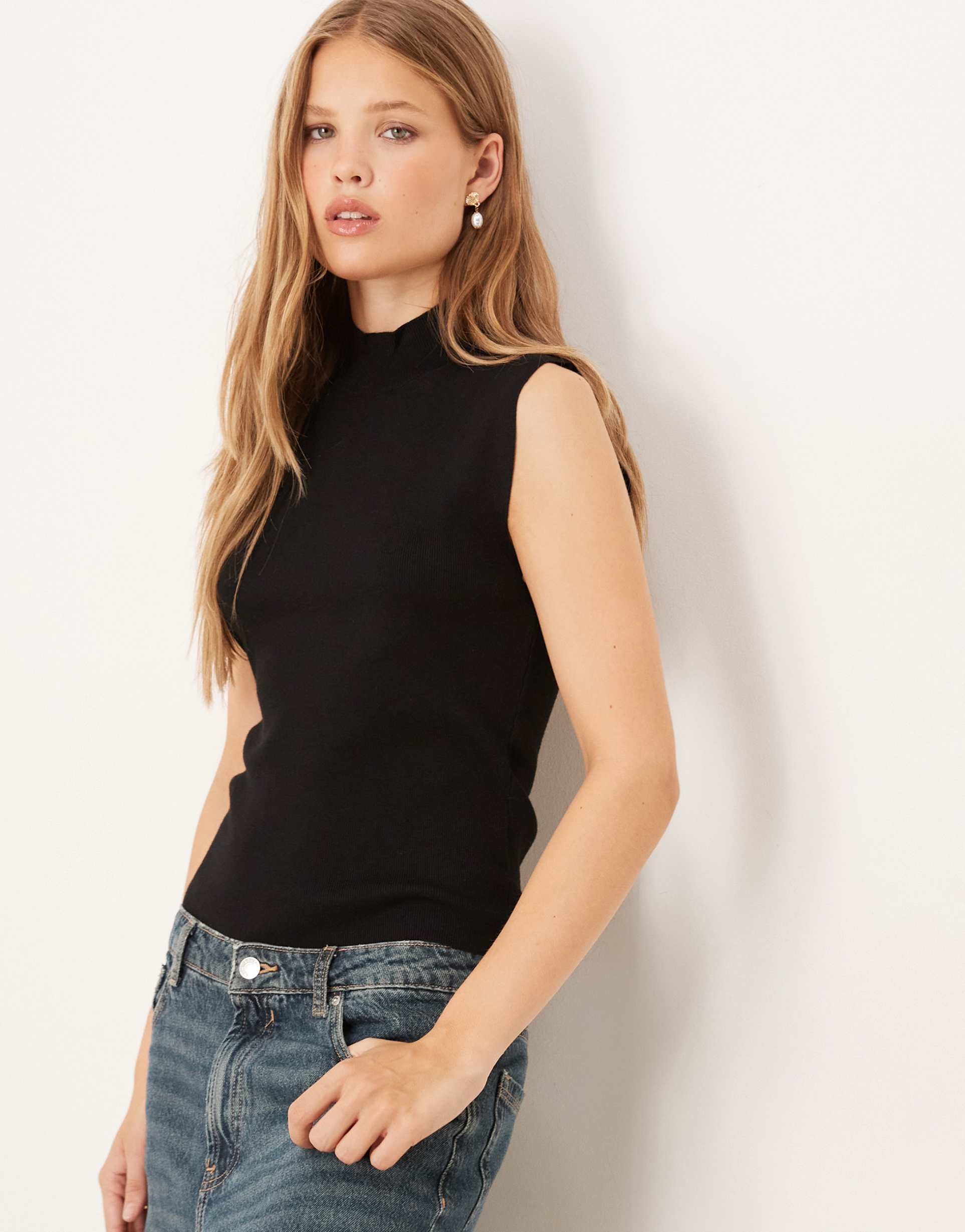 gina tricot sleeveless high neck knit top in black