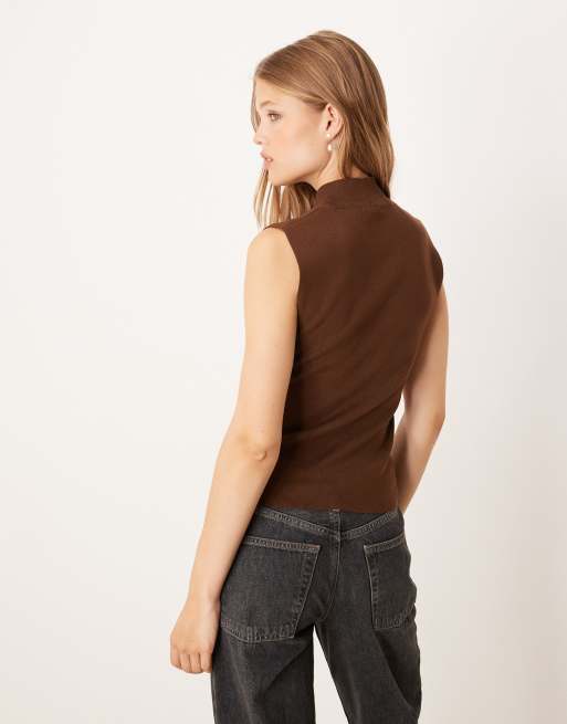 Gina Tricot sleeveless high neck knit top in brown ASOS