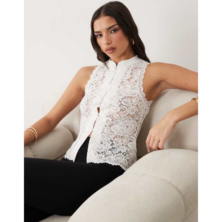 Gina Tricot sleeveless lace tie front top in off-white | ASOS