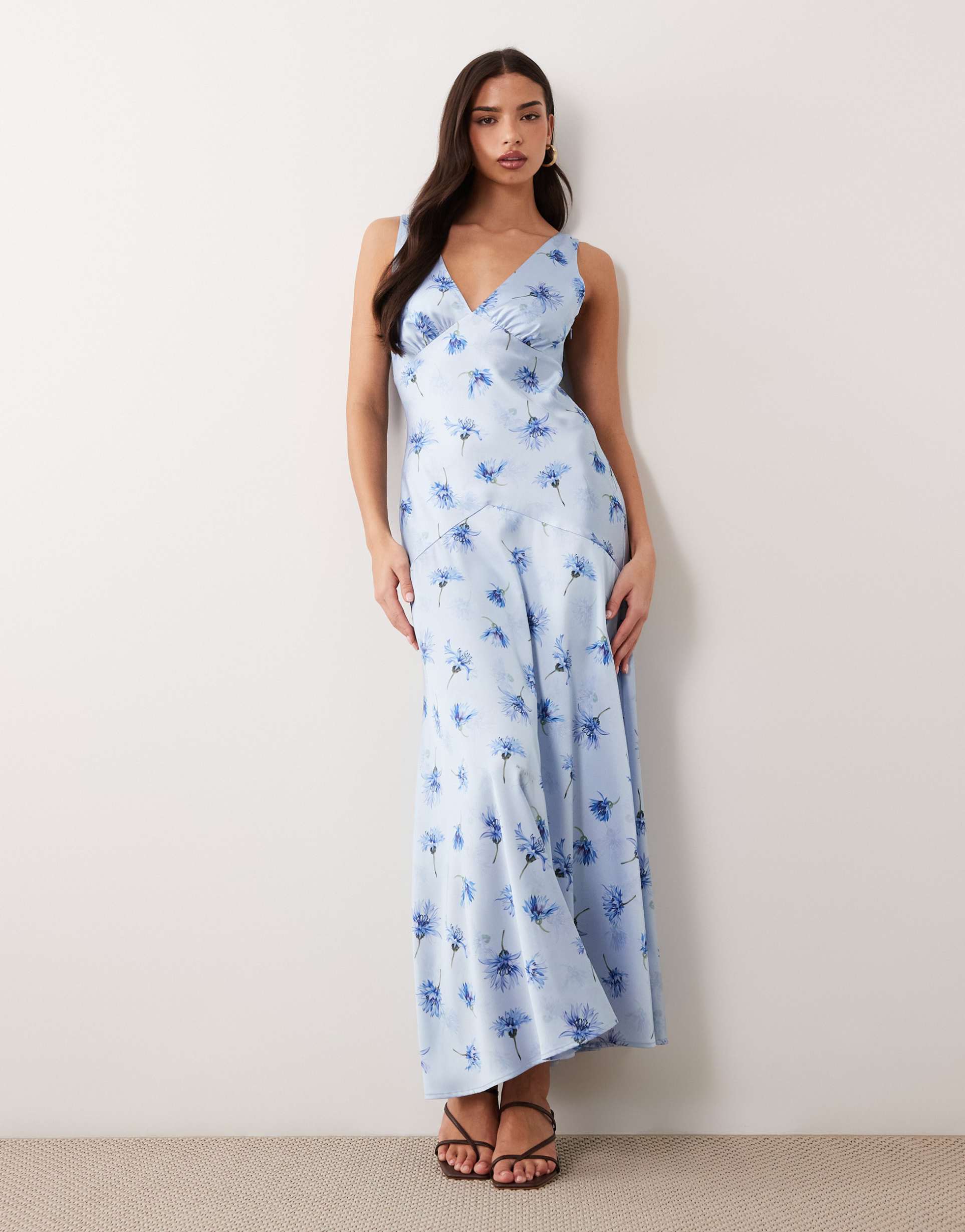 gina tricot sleeveless satin maxi dress in blue flower print