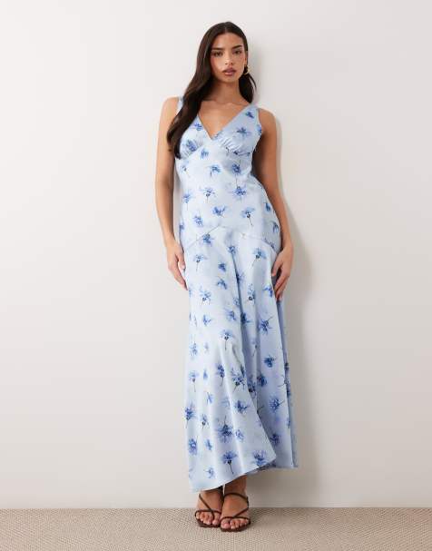 Gina Tricot sleeveless satin maxi dress in blue flower print