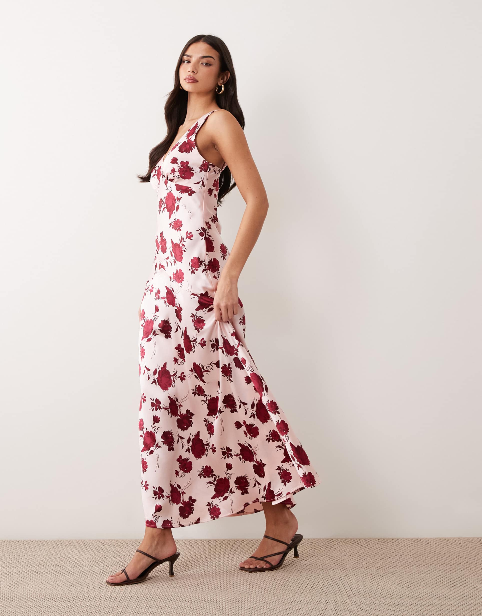 gina tricot sleeveless satin maxi dress in pink flower print