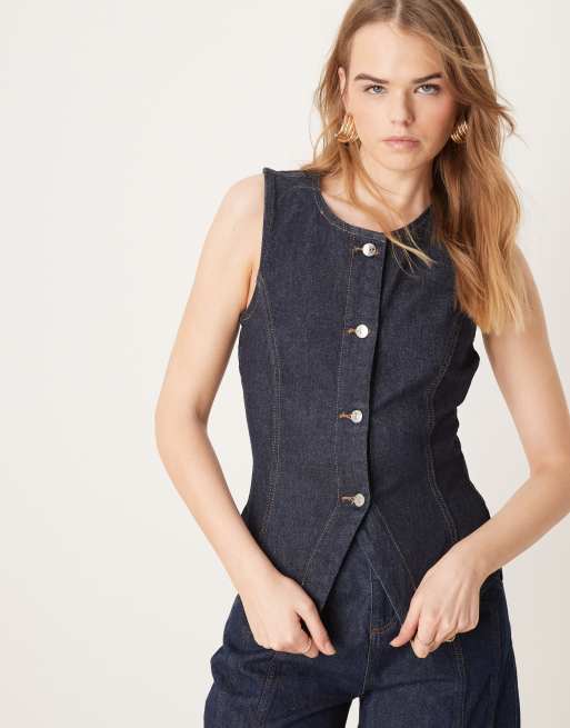    Gina Tricot sleeveless sculpted denim vest in indigo dark wash blue rinse
