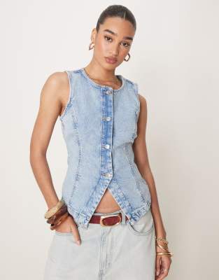 sleeveless sculpted denim vest in light wash blue