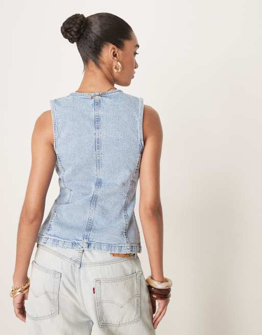 Gina Tricot sleeveless sculpted denim vest in light wash blue
