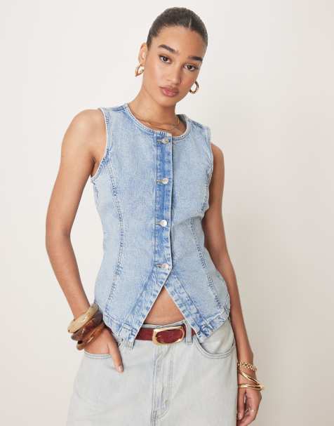 Gina Tricot sleeveless sculpted denim waistcoat in lightwash blue - view 1