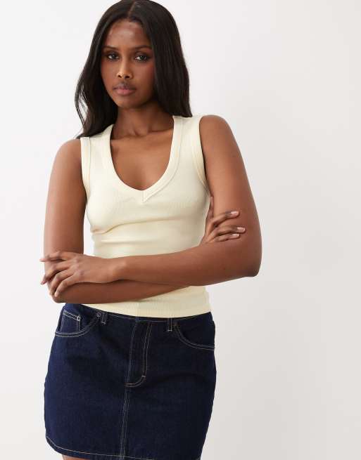 Gina Tricot sleeveless slim fit v neck rib tank top in butter
