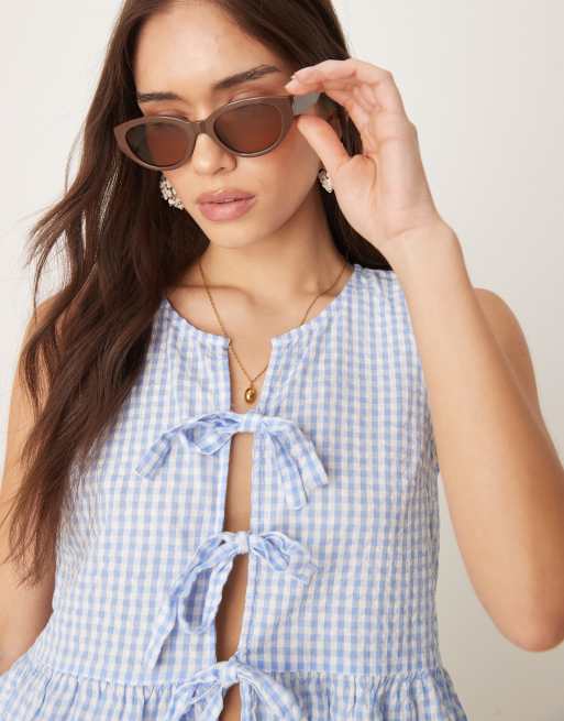 Gina Tricot sleeveless tie front peplum blouse in blue gingham, 3 of 4