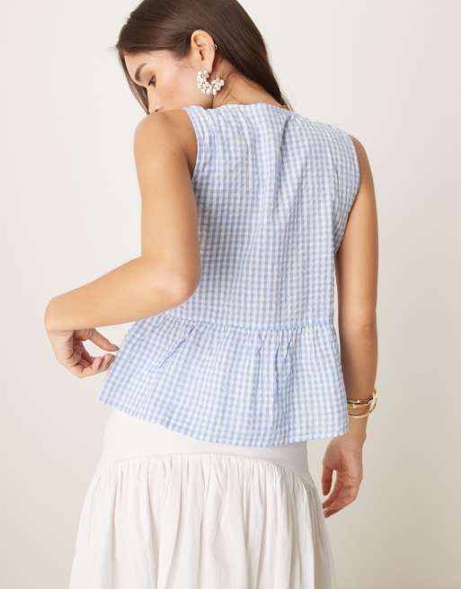 Gina Tricot sleeveless tie front peplum blouse in blue gingham, 4 of 4