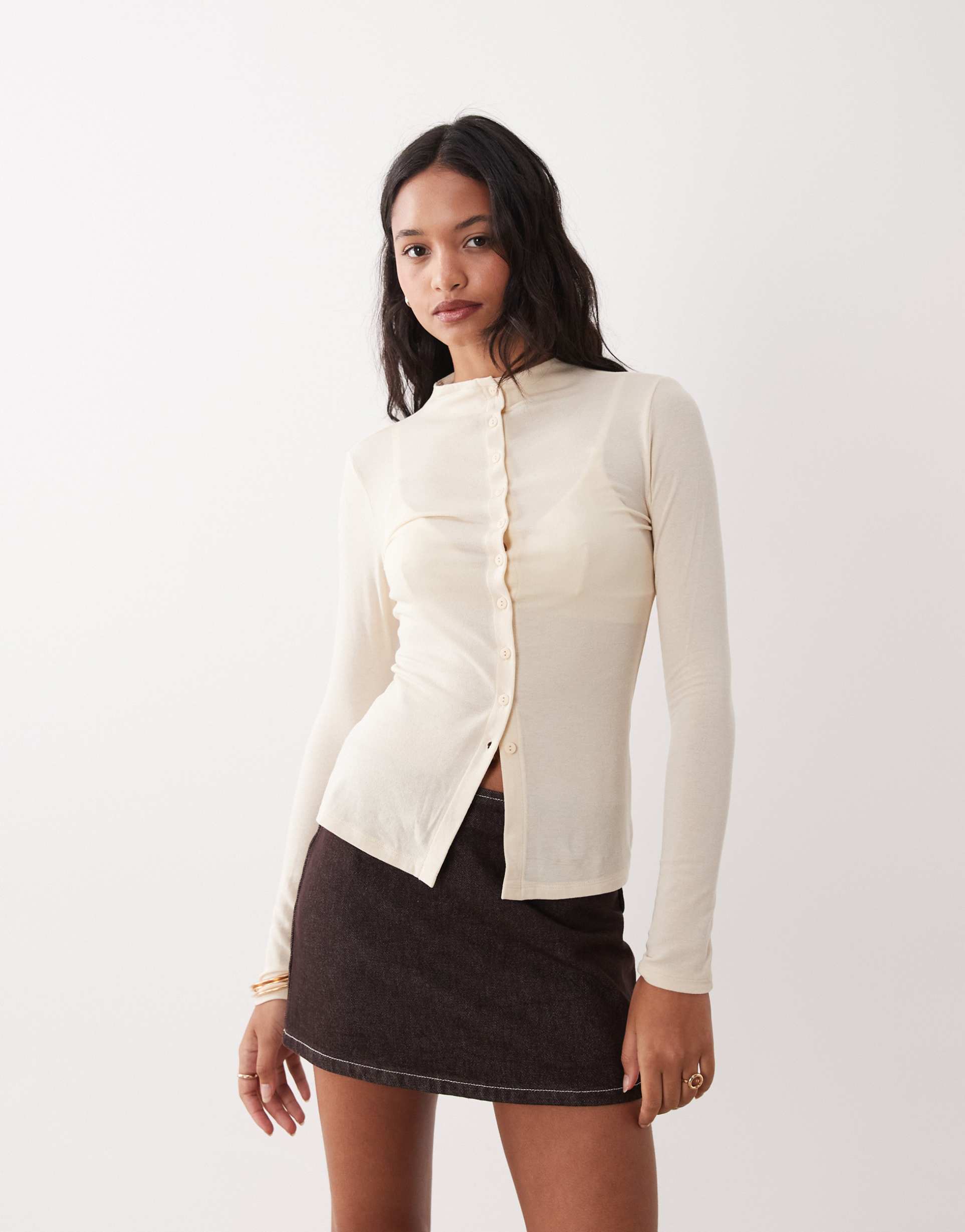 gina tricot slim fit button down funnel neck top in off white