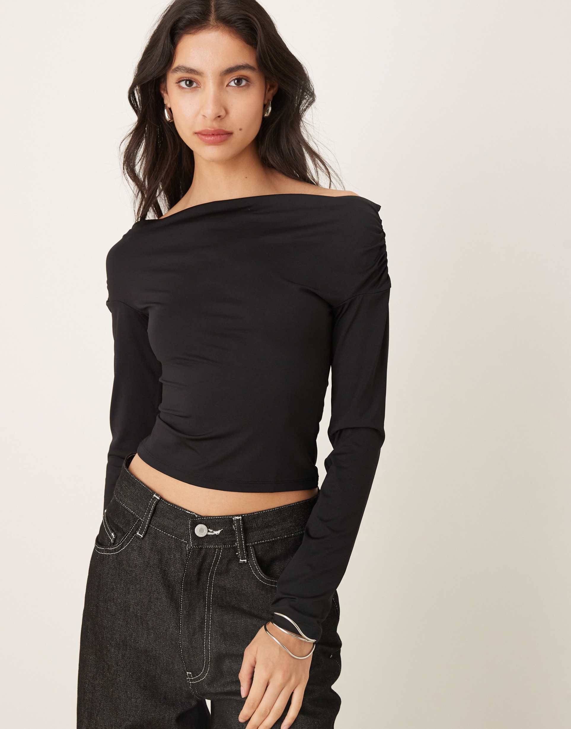gina tricot slinky jersey off-shoulder long sleeve top in black